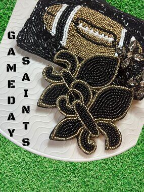 BUNDLE Steeler Saints Football Beaded Pouch and XL fleur-de-lis Earrings